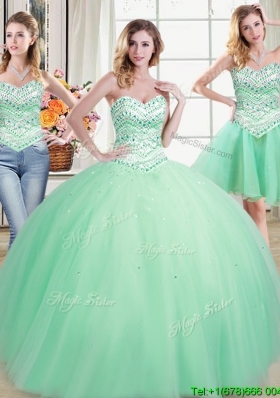 Hot Sale Beaded Sweetheart Apple Green Removable Quinceanera Dresses in Tulle