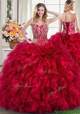 Romantic Puffy Ruffled and Beaded Bodice Brush Train Quinceanera Dress in Red