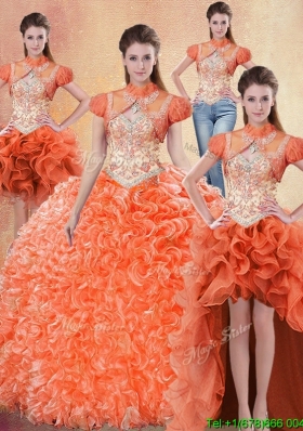 Wonderful Brush Train Orange Red Quinceanera Dress with Beading and Ruffles