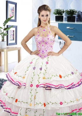 Elegant See Through Halter Top Quinceanera Dress with Embroidery and Ruffled Layers