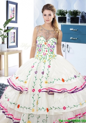 Beautiful Beaded Embroideried Scoop White Quinceanera Dress in Organza and Taffeta
