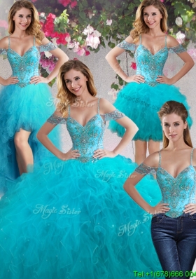 Beautiful Three-Piece Off the Shoulder Beaded and Ruffled Quinceanera Dresses in Teal
