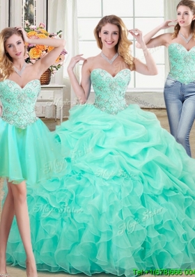 Modern Beaded and Ruffled Sweetheart Removable Quinceanera Dresses in Apple Green