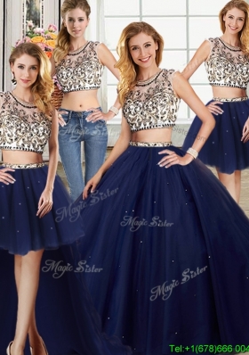 Exclusive See Through Brush Train Navy Blue Detachable Quinceanera Dresses in Tulle