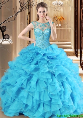 Pretty See Through Scoop Baby Blue Quinceanera Dress with Beading and Ruffles