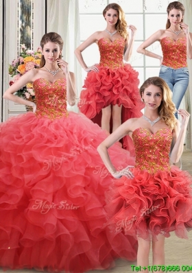 Unique Puffy Sweetheart Beaded and Ruffled Coral Red Detachable Quinceanera Dress in Organza