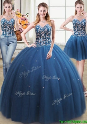 Pretty Tulle Teal Detachable Quinceanera Dress with Beading and Sequins
