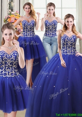 Pretty Puffy Sweetheart Beaded Bodice Royal Blue Detachable Quinceanera Dress in Tulle