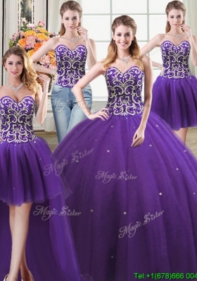 Three For One Tulle Ball Gown Sweetheart Purple Detachable Quinceanera Dress with Beading and Sequins