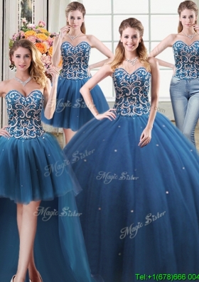 Pretty Puffy Sweetheart Tulle Beaded Bodice Detachable Quinceanera Dress in Teal