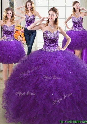 Unique Puffy Sweetheart Beaded and Ruffled Detachable Quinceanera Dress in Eggplant Purple