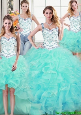 Affordable Puffy Ruffled and Beaded Aqua Blue Detachable Quinceanera Dress with Straps