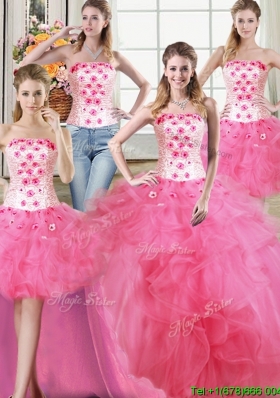 Three for One Strapless Tulle Hot Pink Detachable Quinceanera Dress with Beading and Ruffles