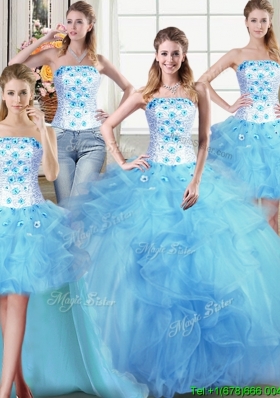 Discount Puffy Three for One Strapless Beaded and Ruffles Detachable Quinceanera Dress in Light Blue