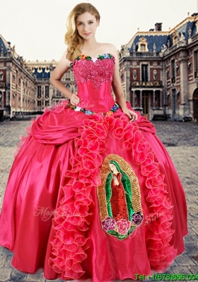New Style Coral Red Sweet 16 Dress with Appliques and Ruffles