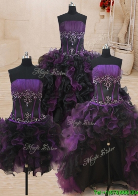 Beautiful Beaded and Ruffled Black and Purple Strapless Detachable Quinceanera Dress