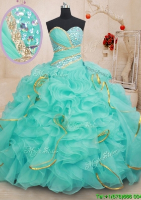 Discount Ruffled and Beaded Apple Green Quinceanera Dress with Brush Train