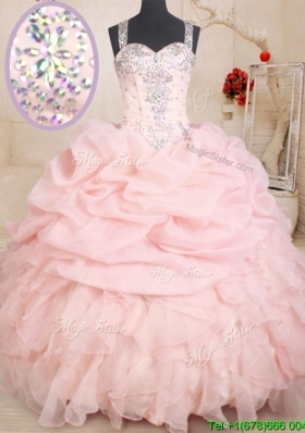 Popular See Through Back Zipper Up Straps Beaded and Bubble Quinceanera Dress in Baby Pink