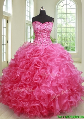 Elegant Puffy Skirt Ruffled and Beaded Hot Pink Quinceanera Dress in Organza