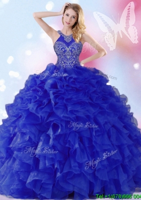 Discount Halter Top Beaded and Ruffled Quinceanera Dress in Royal Blue