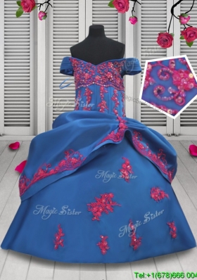 Infant Applique Off the Shoulder Blue Little Girl Pageant Dress in Taffeta