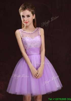 Simple See Through Scoop Tulle Laced Bridesmaid Dress in Lilac
