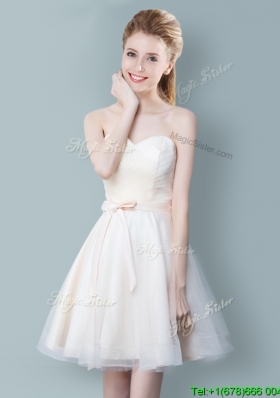 2016 Modest Tulle Sweetheart Champagne Bridesmaid Dress with Bowknot