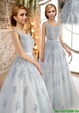 Luxurious See Through Scoop Applique Prom Dress in Grey