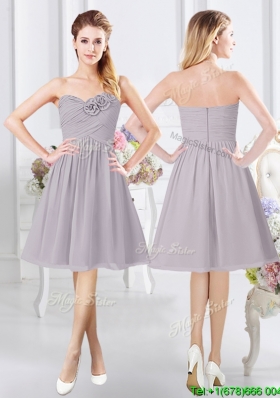 Modern Sweetheart Ruched and Handcrafted Flowers Dama Dress in Grey