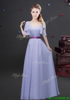 Exquisite Empire Square Belted Long Bridesmaid Dress with Short Sleeves