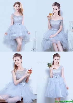 Gorgeous Organza Grey Prom Dress with Lace and Bowknot
