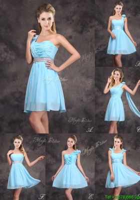 Best Selling Baby Blue Mini Length Dama Dress with Ruching