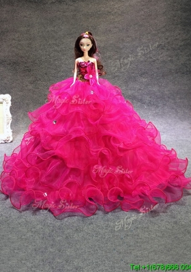 Elegant Hot Pink Organza Quinceanera Doll Dress