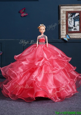 Lovely Organza Quinceanera Doll Dress in Coral Red