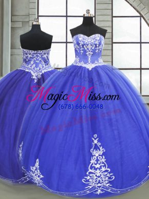 Blue Lace Up Sweet 16 Dress Appliques Sleeveless Floor Length
