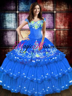 Extravagant Blue Quinceanera Dress Military Ball and Sweet 16 and Quinceanera with Embroidery and Ruffled Layers Off The Shoulder Sleeveless Lace Up