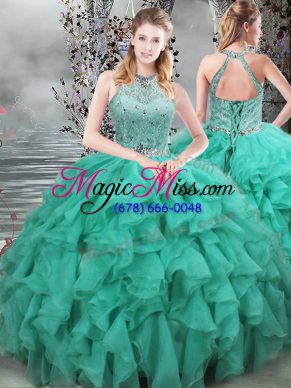 Turquoise Organza Lace Up Scoop Sleeveless Vestidos de Quinceanera Brush Train Beading and Ruffles