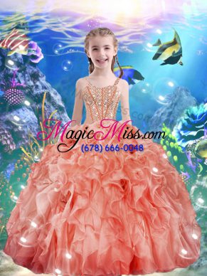 Customized Sleeveless Lace Up Floor Length Beading and Ruffles Girls Pageant Dresses