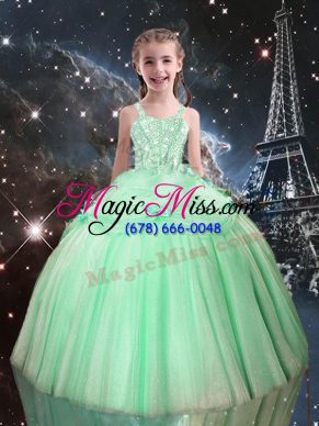 Unique Straps Sleeveless Lace Up Little Girls Pageant Dress Apple Green Tulle