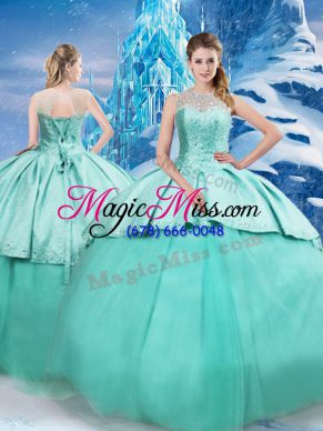 Attractive Turquoise Ball Gowns Scoop Sleeveless Tulle Brush Train Lace Up Beading and Ruching Vestidos de Quinceanera