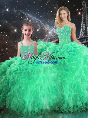 Dramatic Floor Length Lace Up Quinceanera Gown Green for Military Ball and Sweet 16 and Quinceanera with Beading and Ruffles