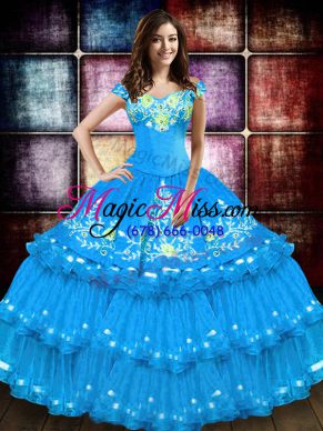 Extravagant Baby Blue Taffeta Lace Up Quinceanera Dresses Sleeveless Floor Length Embroidery and Ruffled Layers