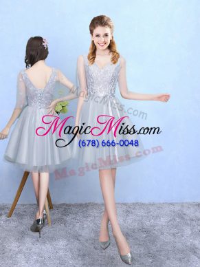 V-neck Half Sleeves Quinceanera Dama Dress Knee Length Lace Silver Tulle