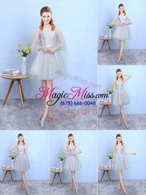 Romantic V-neck Sleeveless Bridesmaid Gown Knee Length Lace Silver Tulle