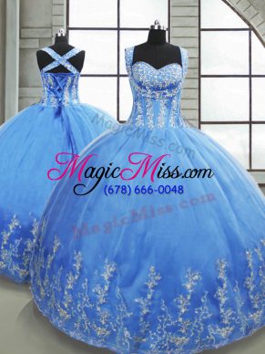 Ball Gowns Quince Ball Gowns Baby Blue Sweetheart Tulle Sleeveless Floor Length Lace Up
