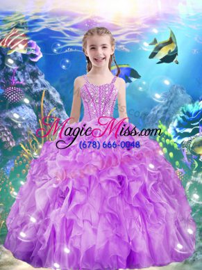 Sleeveless Floor Length Beading and Ruffles Lace Up Pageant Gowns For Girls with Lilac