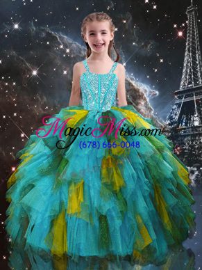 Aqua Blue Straps Lace Up Beading and Ruffles Child Pageant Dress Short Sleeves