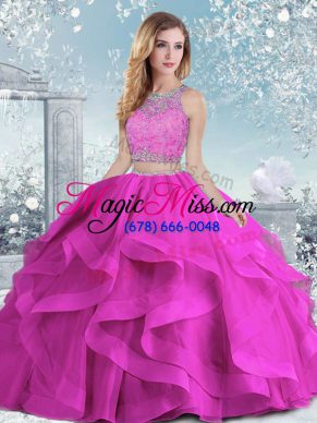 Floor Length Clasp Handle Quinceanera Dress Fuchsia for Military Ball and Sweet 16 and Quinceanera with Beading and Ruffles