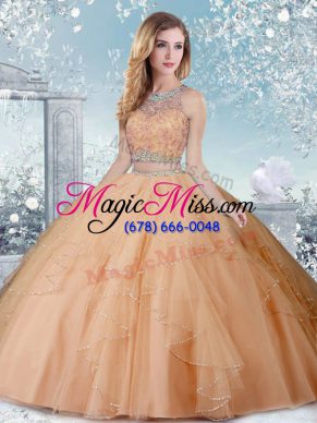 Adorable Champagne Tulle Clasp Handle Scoop Sleeveless Floor Length Sweet 16 Dress Beading