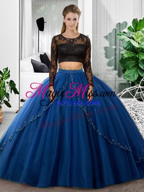 Floor Length Backless Quinceanera Dress Blue for Military Ball and Sweet 16 and Quinceanera with Lace and Ruching